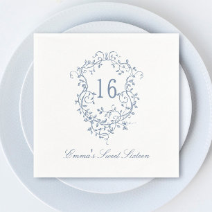 Classic French Blue Floral Crest Sweet 16 Birthday Napkin