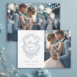 Classic French Blue Floral Crest Wedding 2 Photo Thank You Card