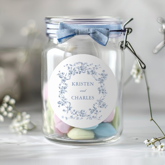 Classic French Blue Flowers & Ribbons Wedding Classic Round Sticker (Creator Uploaded)