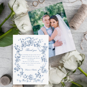 Classic French Blue Flowers & Ribbons Wedding Thank You Card