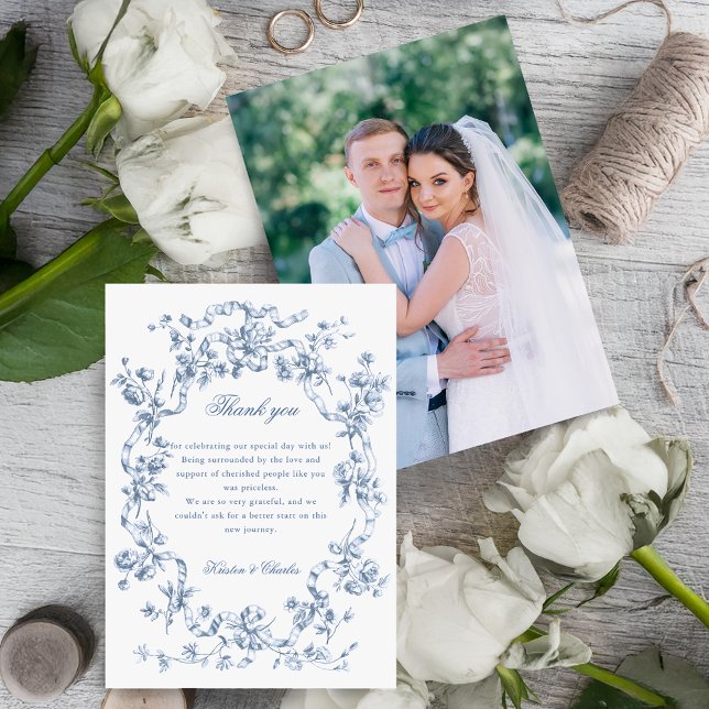 Classic French Blue Flowers & Ribbons Wedding Thank You Card (Creator Uploaded)