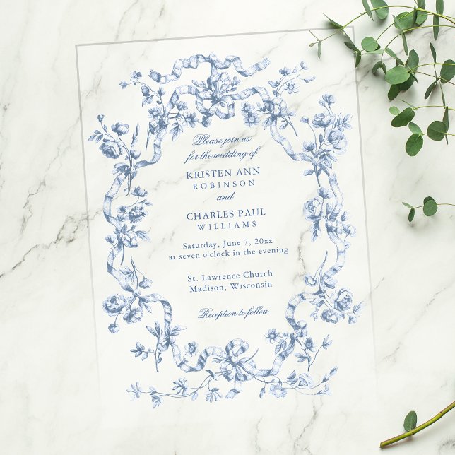 Classic French Blue Flowers & Ribbons Wedding Vellum Invitations (Creator Uploaded)
