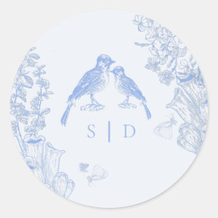 Classic French Blue White Floral Birds Wedding  Round Sticker