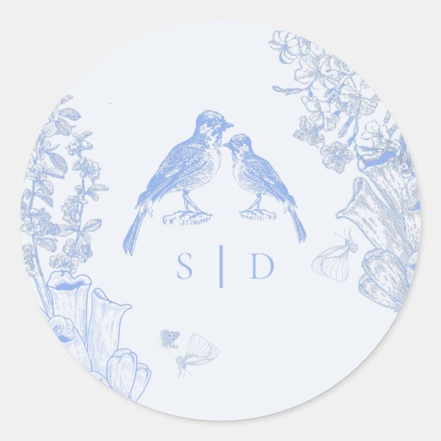 Classic French Blue White Floral Birds Wedding  Round Sticker (Front)