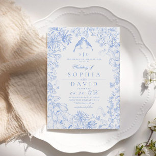  Classic French Blue White Floral Wedding  Invitation