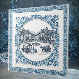 Classic French Cottagecore Toile Blue Botanicals Ceramic Tile