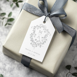 Classic French Floral Crest Grey Wedding Gift Tags