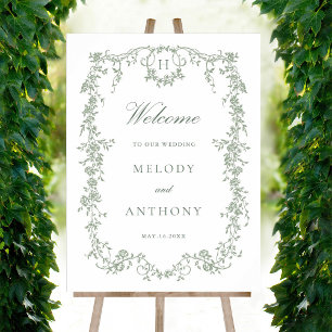 Classic French Floral Sage Green Wedding Welcome Poster