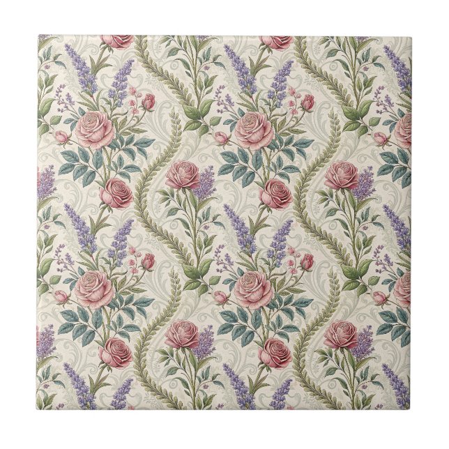 Classic French Rose & Lavender Floral Pattern Art Ceramic Tile (Front)