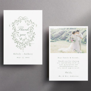 Classic French Sage Green Floral Crest Photo Thank You Card
