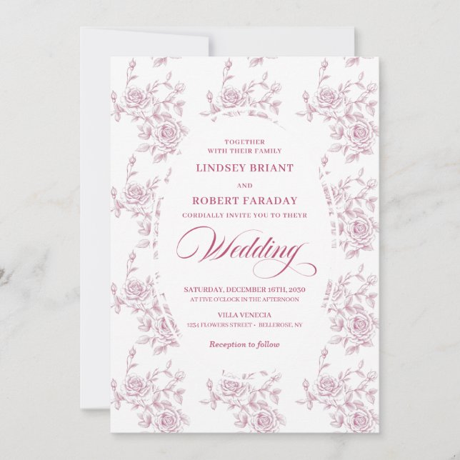 Classic French Toile Roses Wedding Invitation (Front)
