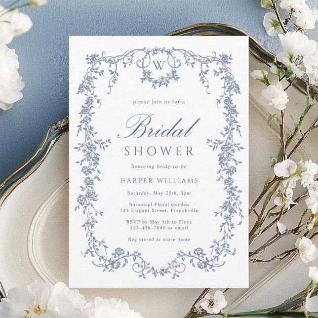 Classic French Victorian Blue Floral Bridal Shower Invitation (Creator Uploaded)