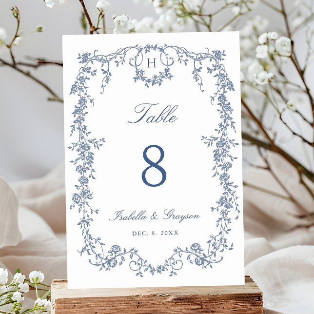 Classic French Victorian Blue Frame Wedding Table Number (Creator Uploaded)