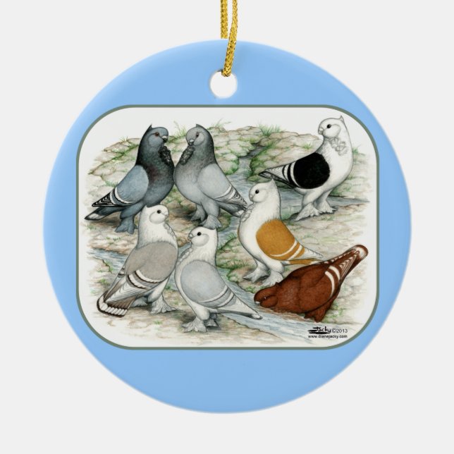 Classic Frill Barred Pigeons Ceramic Tree Decoration (Front)