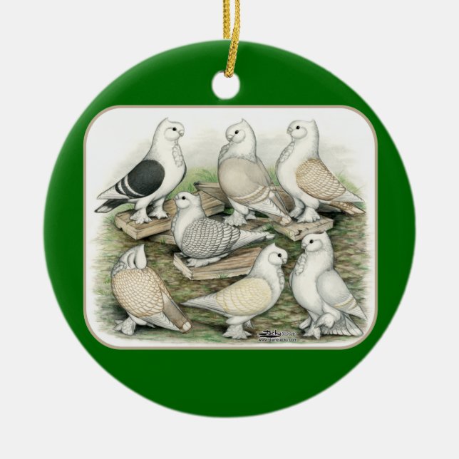 Classic Frill Pigeons Satinettes Ceramic Tree Decoration (Front)