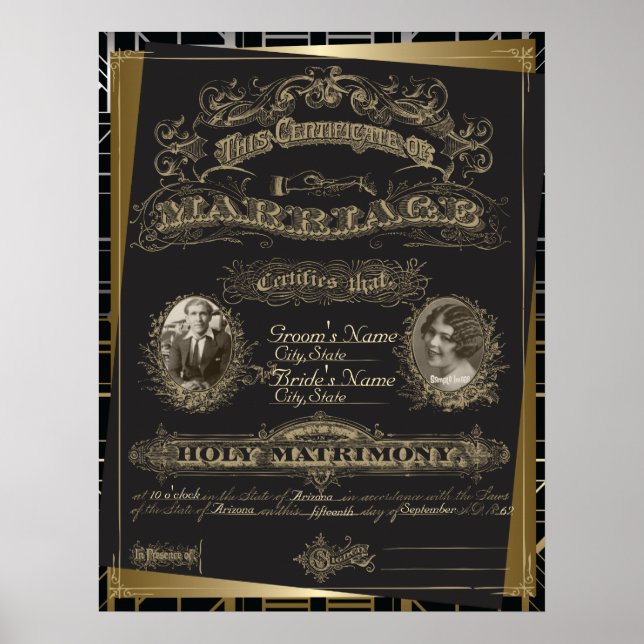 Classic Gatsby Deco Marriage Certificate Poster (Front)