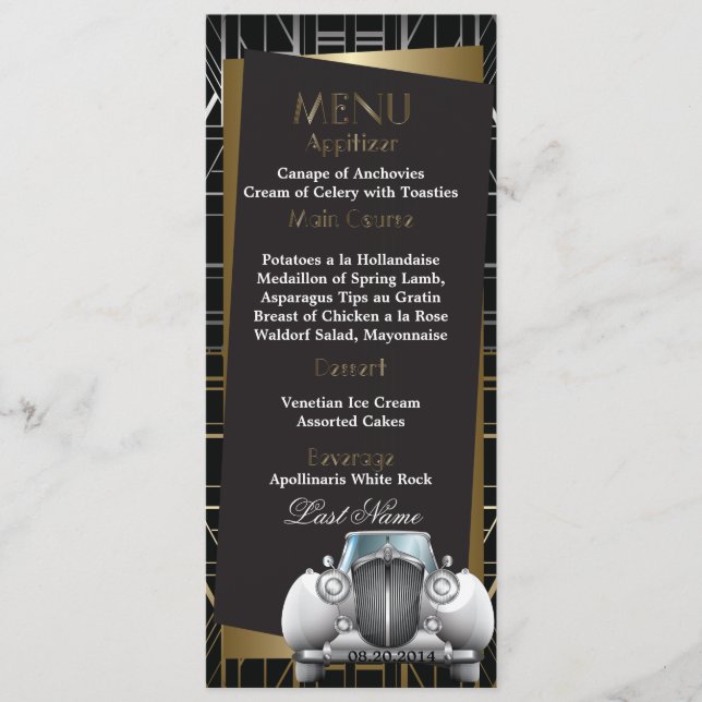 Classic Gatsby Deco White Limo Wedding Menu (Front)