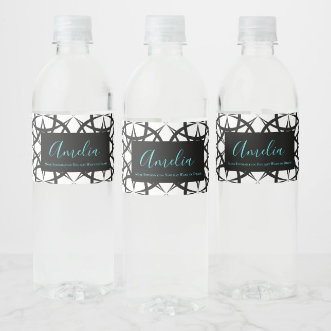 Classic Geo pattern black and white personalised Water Bottle Label (Bottles)