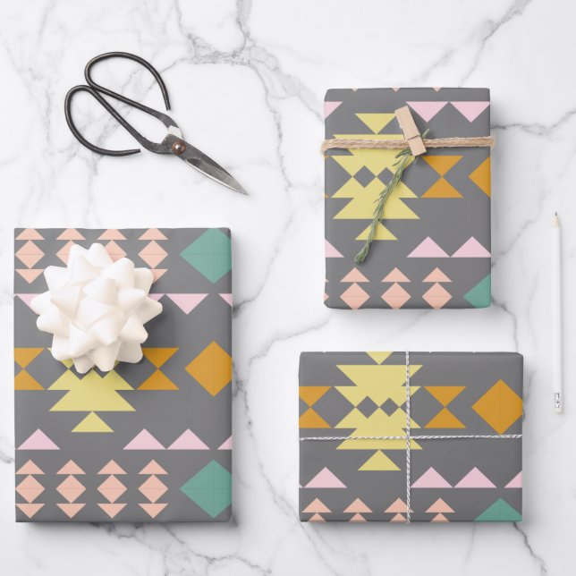 Classic Geometric Pattern in Yellow and Grey  Wrapping Paper Sheet (Front)