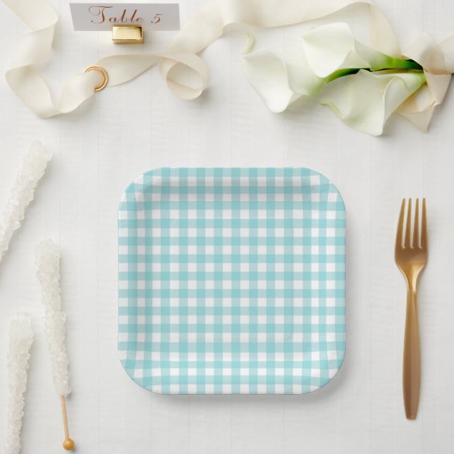 Classic Gingham Check Plaid Pattern Light Blue Paper Plate (Wedding)