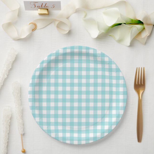 Classic Gingham Check Plaid Pattern Light Blue Paper Plate (Wedding)