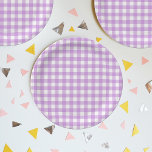 Classic Gingham Check Plaid Pattern Lilac    Paper Plate<br><div class="desc">Modern summer trend picnic blanket gingham plaid tartan pattern. Pastel tones aesthetic. Cute gingham design for modern home decor interior design. Colourful boho peach gingham pattern. Pastel gingham home decor and gifts. Pastel lavender purple violet gingham pattern design home decor. Lilac baby shower,  wedding,  girl gingham party decor.</div>
