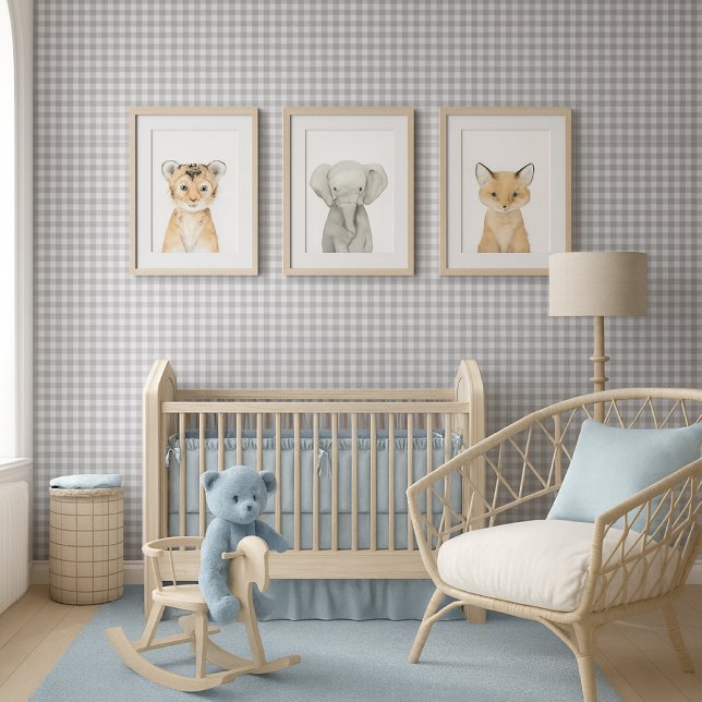Classic Gingham Chequered Grey White  Wallpaper (Mockup of boy nursery with khaki check wallpaper and blue decor )