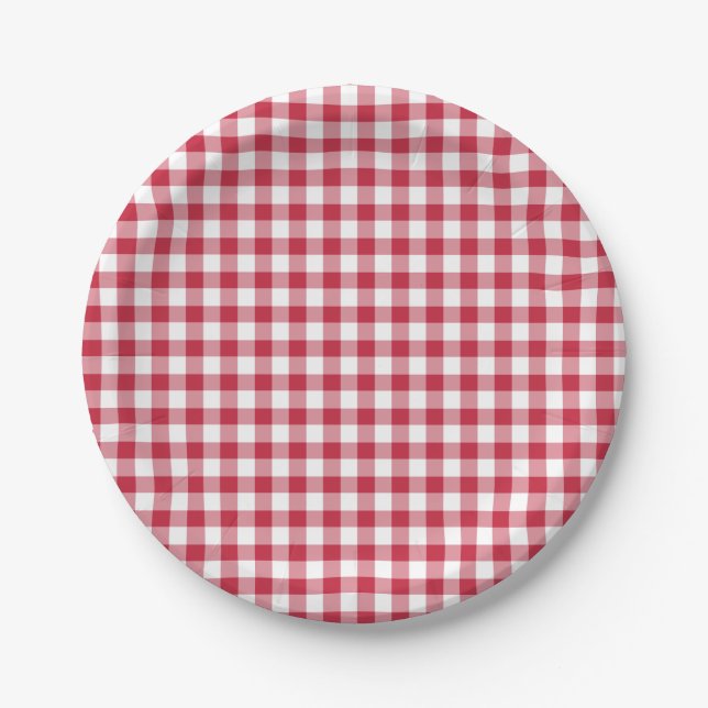 Classic Gingham Cherry Red Paper Plate (Front)