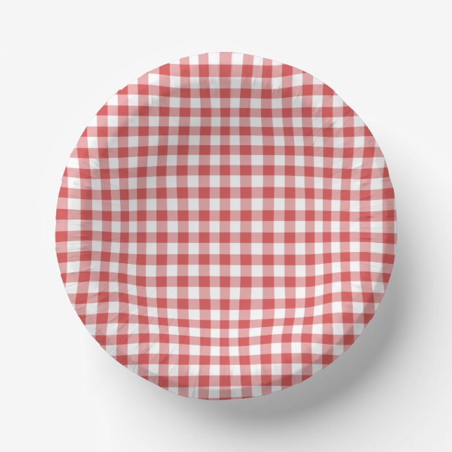 Classic Gingham Coral Red Paper Bowls Plate (Front)