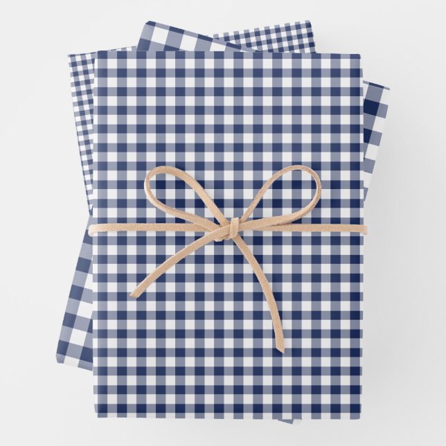 Classic Gingham Navy Blue Wrapping Paper Sheet (In situ)