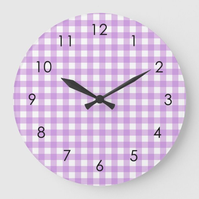 Classic Gingham Plaid Lilac Pastel Aesthetic Large Clock (Front)
