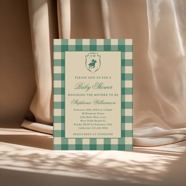 Classic Gingham Plaid Polo Equestrian Baby Shower Invitation (Creator Uploaded)