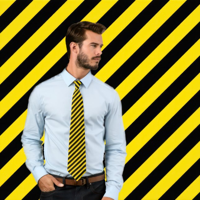 Classic Gold and Black Diagonal Striped Necktie (Man wears a gold and black diagonal striped necktie.)
