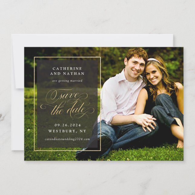 Classic Gold and Black Elegant Script Wedding Save The Date (Front)