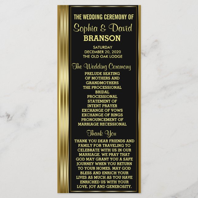 Classic Gold and Black Wedding Custom Program (Front)