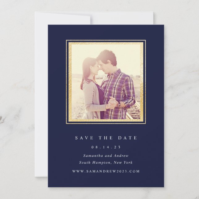 Classic Gold and Navy Photo Save The Date (Front)