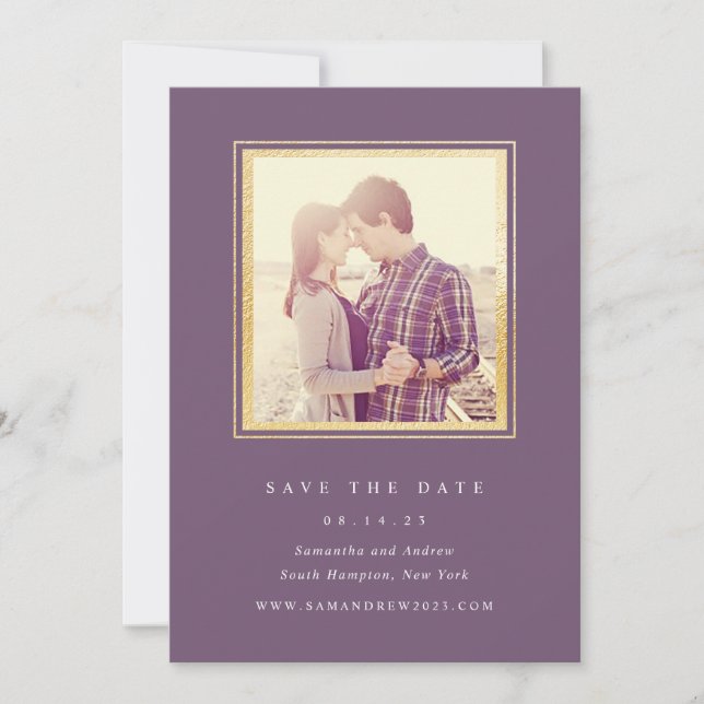 Classic Gold and Plum Eggplant Photo Save The Date (Front)