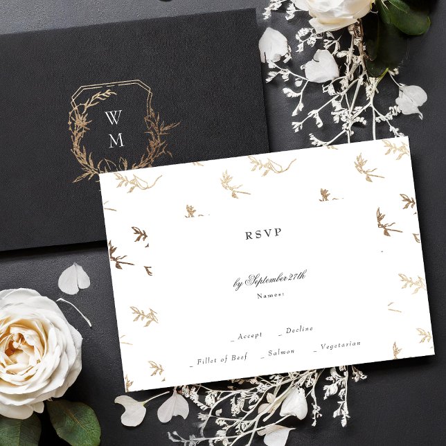 classic gold black white monogram crest wedding RSVP card (Creator Uploaded)