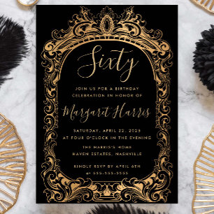 Classic Gold Border Black 60th Sixty Birthday Invitation