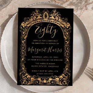 Classic Gold Border Black 80th Eighty Birthday Invitation