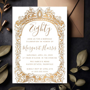 Classic Gold Border White 80th Eighty Birthday Invitation