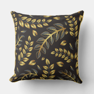 Classic Gold Bronze Leaves on Black  Cushion