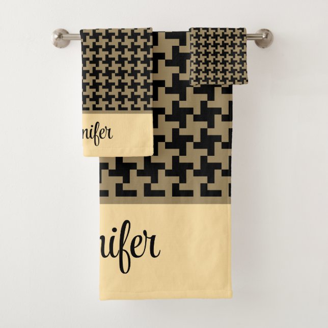Classic Gold Brown Nailhead Pattern Personalised Bath Towel Set (Insitu)
