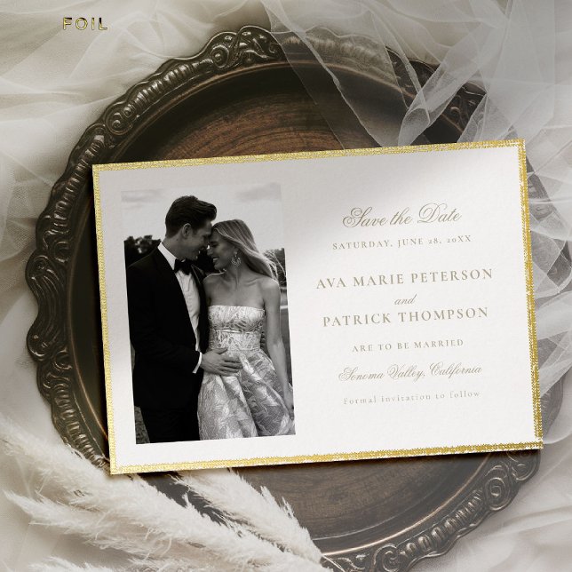 Classic Gold Brushed Frame Photo Wedding Save Date (wedding photo save the date gold brushed frame formal modern classic traditional stately royal)