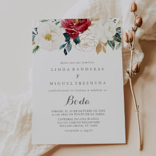 Classic Gold Burgundy Floral Boda Spanish Wedding Invitation