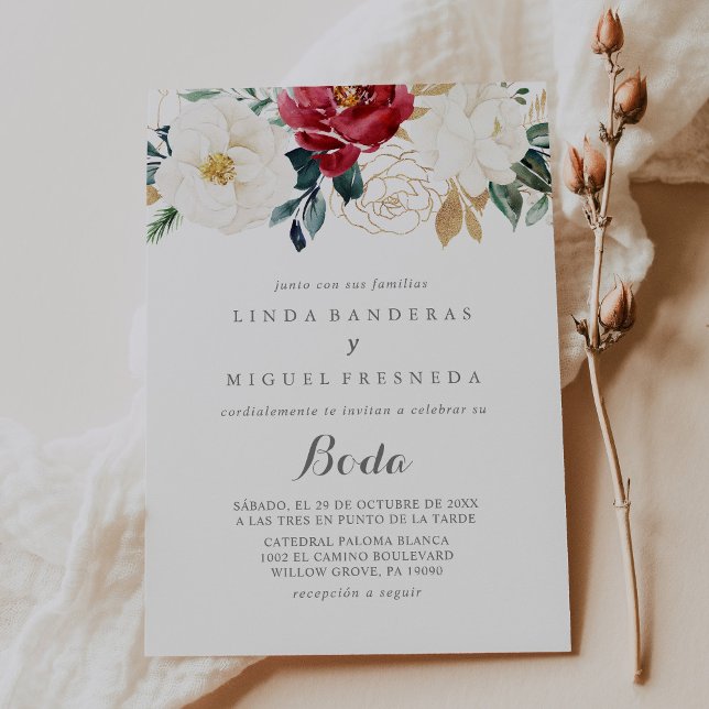 Classic Gold Burgundy Floral Boda Spanish Wedding Invitation (Creator Uploaded)