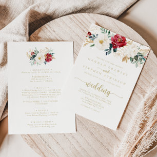 Classic Gold Burgundy Floral Front & Back Wedding  Invitation