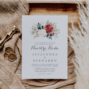 Classic Gold Burgundy Floral Nuestra Boda Wedding Invitation