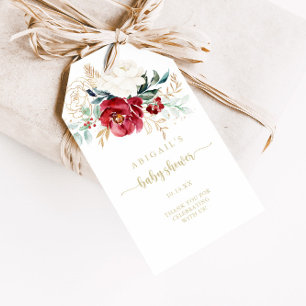 Classic Gold Burgundy White Floral Baby Shower Gift Tags