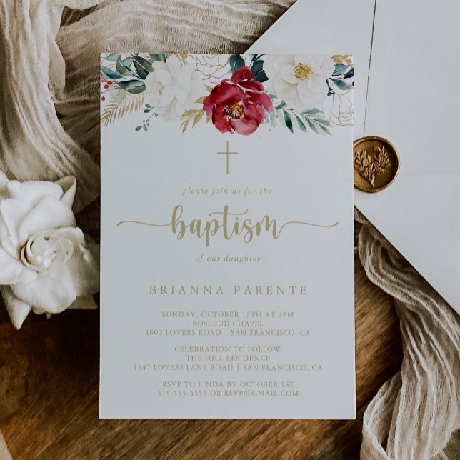 Classic Gold Burgundy White Floral Baptism  Invitation (Creator Uploaded)